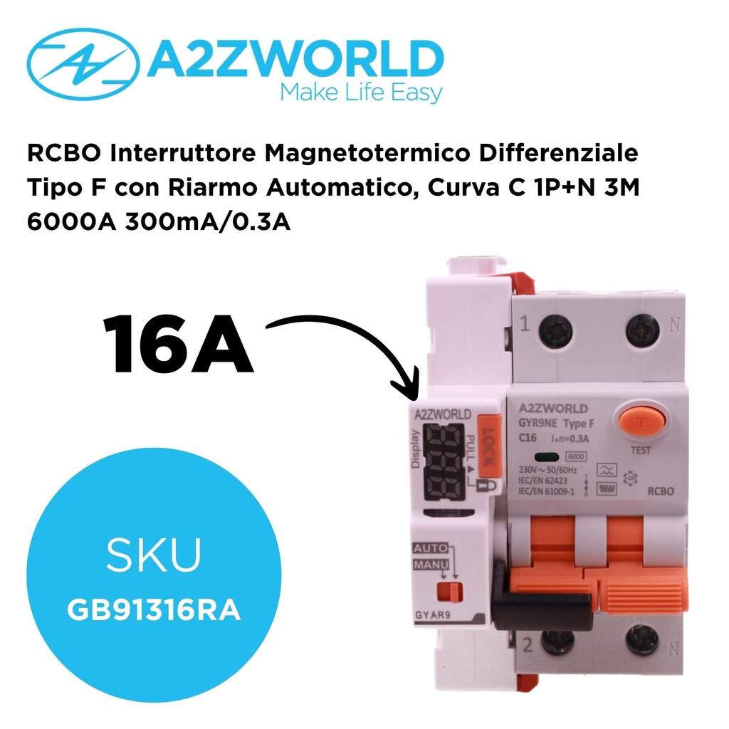 RCBO Interruttore Magnetotermico Differenziale Tipo F con Riarmo Automatico, Curva C 1P+N 3M 6000A 300mA/0.3A, Corrente Disponibili 16A 20A 25A 32A - GB92616RA