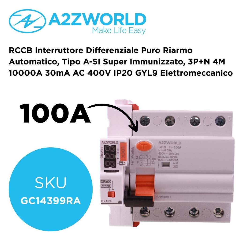 RCCB Interruttore Differenziale Puro Riarmo Automatico, Tipo A-SI Super Immunizzato, 3P+N 4M 10000A 30mA AC 400V IP20 GYL9 Elettromeccanico, Corrente Disponibili 40A 63A 100A - GC14399RA