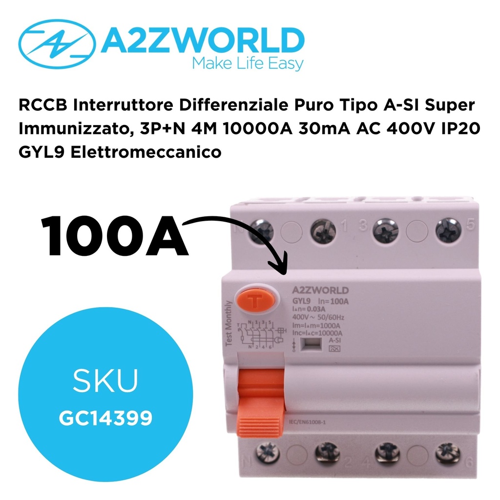 RCCB Interruttore Differenziale Puro Tipo A-SI Super Immunizzato, 3P+N 4M 10000A 30mA AC 400V IP20 GYL9 Elettromeccanico, Corrente Disponibili 40A 63A 100A - GC14399
