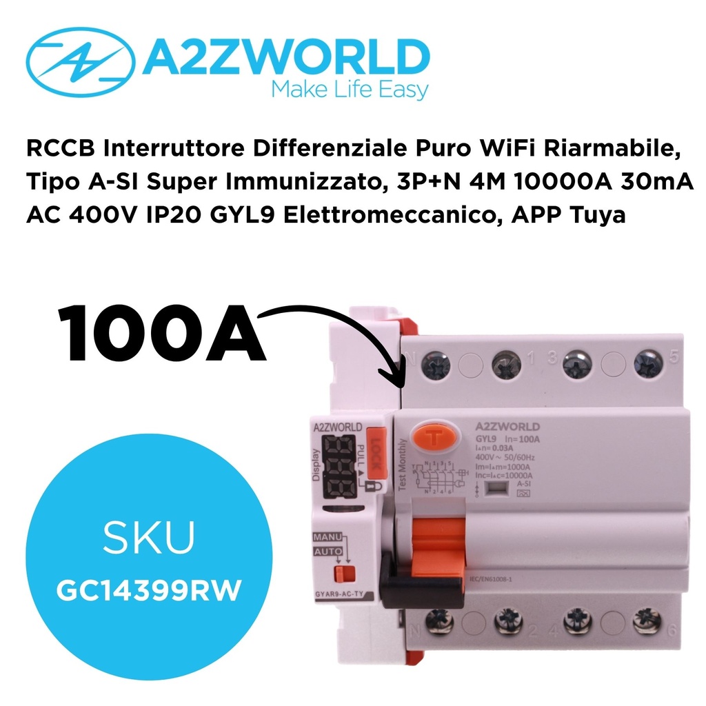 RCCB Interruttore Differenziale Puro WiFi Riarmabile, Tipo A-SI Super Immunizzato, 3P+N 4M 10000A 30mA AC 400V IP20 GYL9 Elettromeccanico, APP Tuya, Corrente Disponibili 40A 63A 100A - GC14399RW