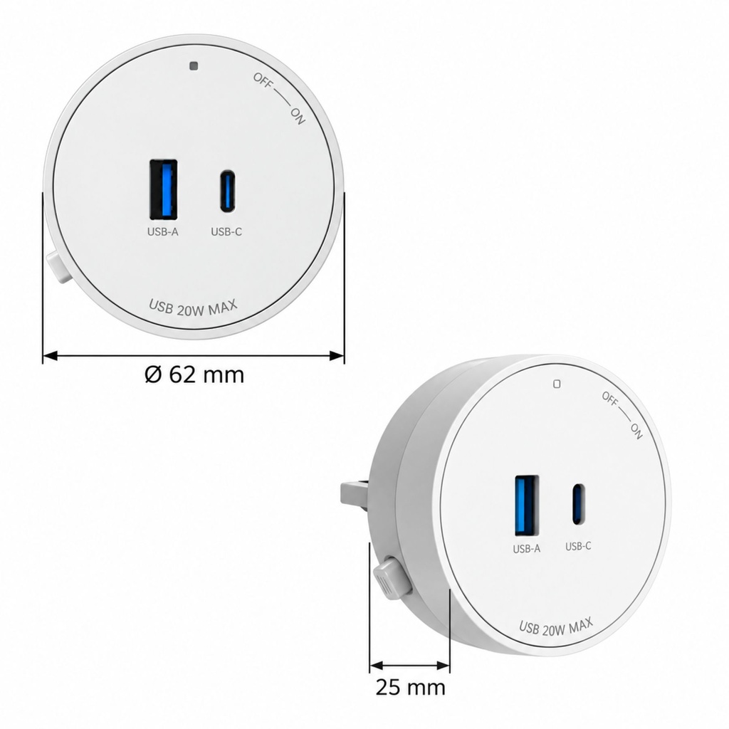 Presa USB-A + USB-C PD 20W Per Multipresa Da Binario, 5V 3A 9V 2.22A 12V 1.67A - GN-GS4Q20WR-W