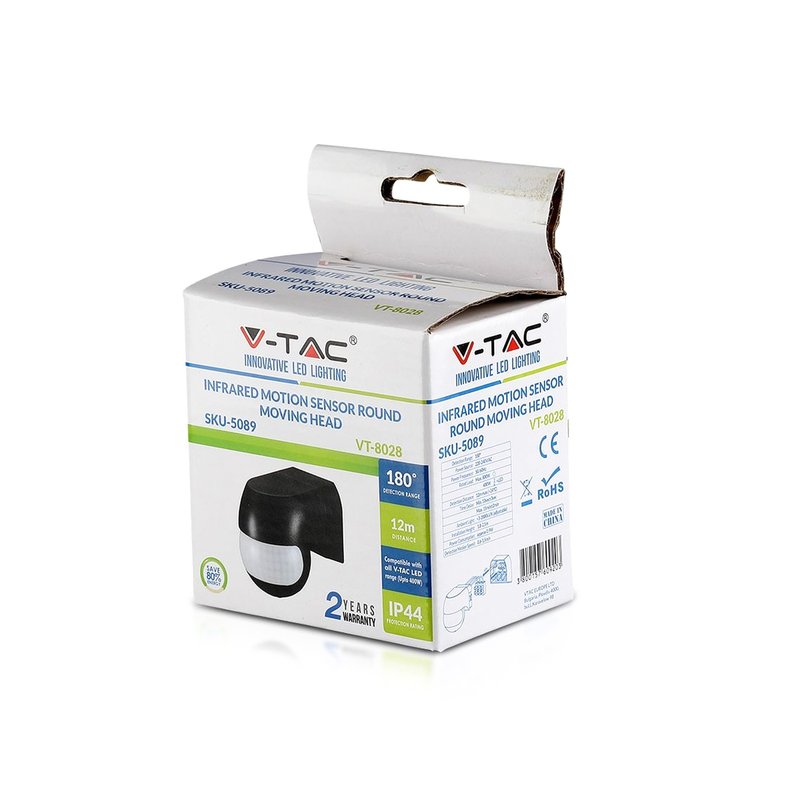 Sensore di Movimento a Infrarossi e Crepuscolare Montaggio a Parete Muro Carcassa Nera Testa Orientabile 180 Gradi IP44 SKU-5089