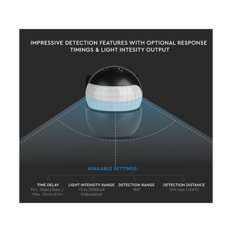 Sensore di Movimento a Infrarossi e Crepuscolare Montaggio a Parete Muro Carcassa Nera Testa Orientabile 180 Gradi IP44 SKU-5089