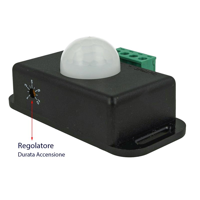 Sensore Di Movimento PIR Rilevatore Di Presenza 12V 24V 6A Colore Nero Timer Ritardo Regolabile Da 1 A 10 Minuti Per Striscia Led