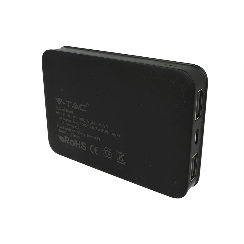 Portable Power Bank 5000mAh Colore Nero Batteria Litio Esterna Portatile Con 2 USB 5V 2,1A SKU-8193