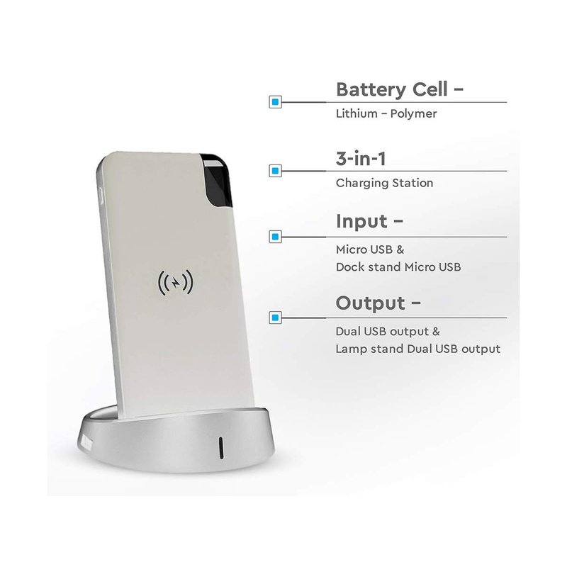 Portable Power Bank 8000 mAh con Display e Supporto Di Ricarica a Poggio Da Tavolo Wireless Colore Bianco SKU-8861