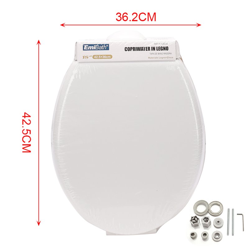 Sedile WC Copriwater Universale In Legno Forma O 18'' 425X360mm Distanza Fori 135-185mm Chiusura Morbida Ammortizzata
