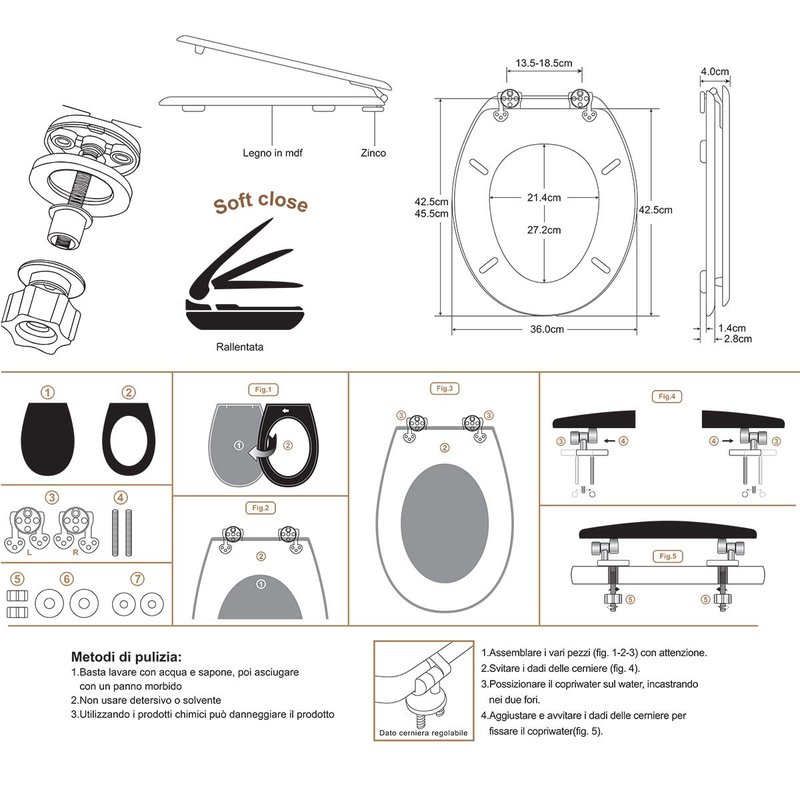 Sedile WC Copriwater Universale In Legno Forma O 18'' 425X360mm Distanza Fori 135-185mm Chiusura Morbida Ammortizzata