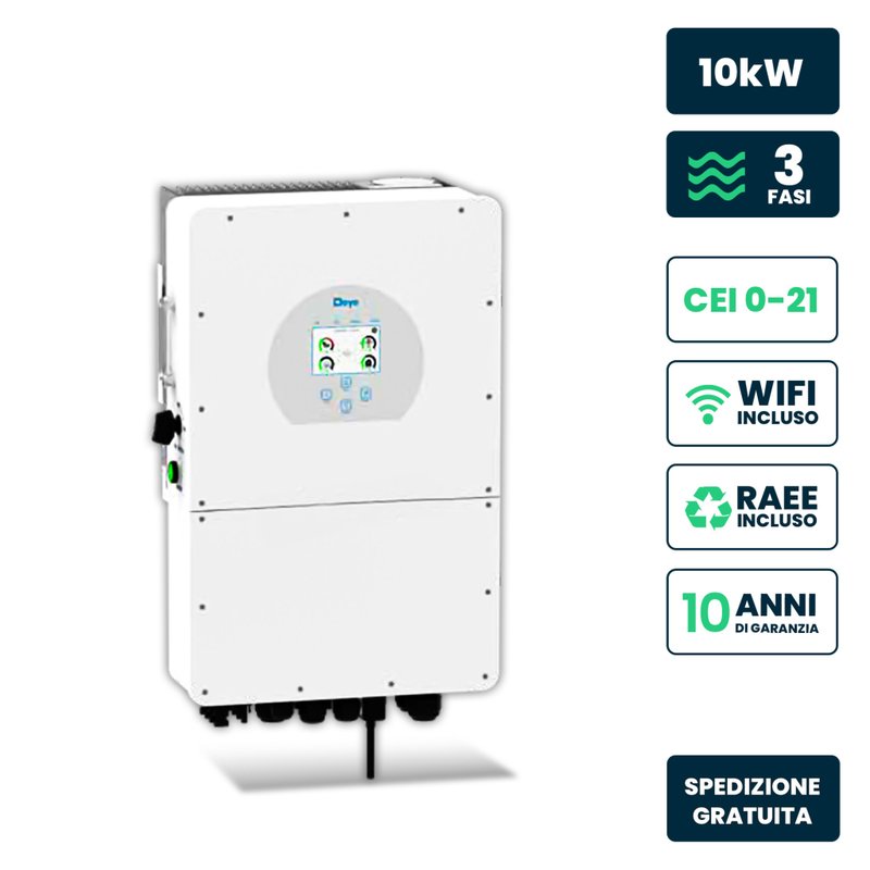 V-TAC Inverter Fotovoltaico Deye Trifase Ibrido ALTA TENSIONE On-Grid/Off-Grid 10kW CEI 0-21, Schermo LCD Touch a Colori, Smart Meter Integrato, WiFi e TA, Garanzia 10 Anni IP65 SKU-12168