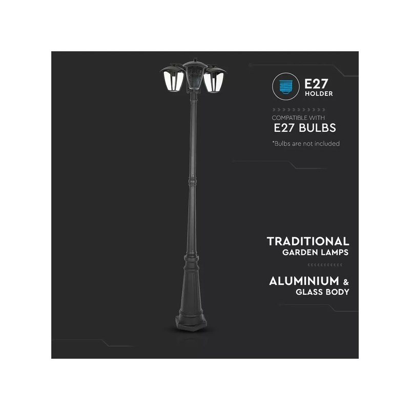 Palo Da Terra Lampada Per Giardino Esterno IP44 Altezza 1990mm Tripla E27 Colore Nero SKU-7063