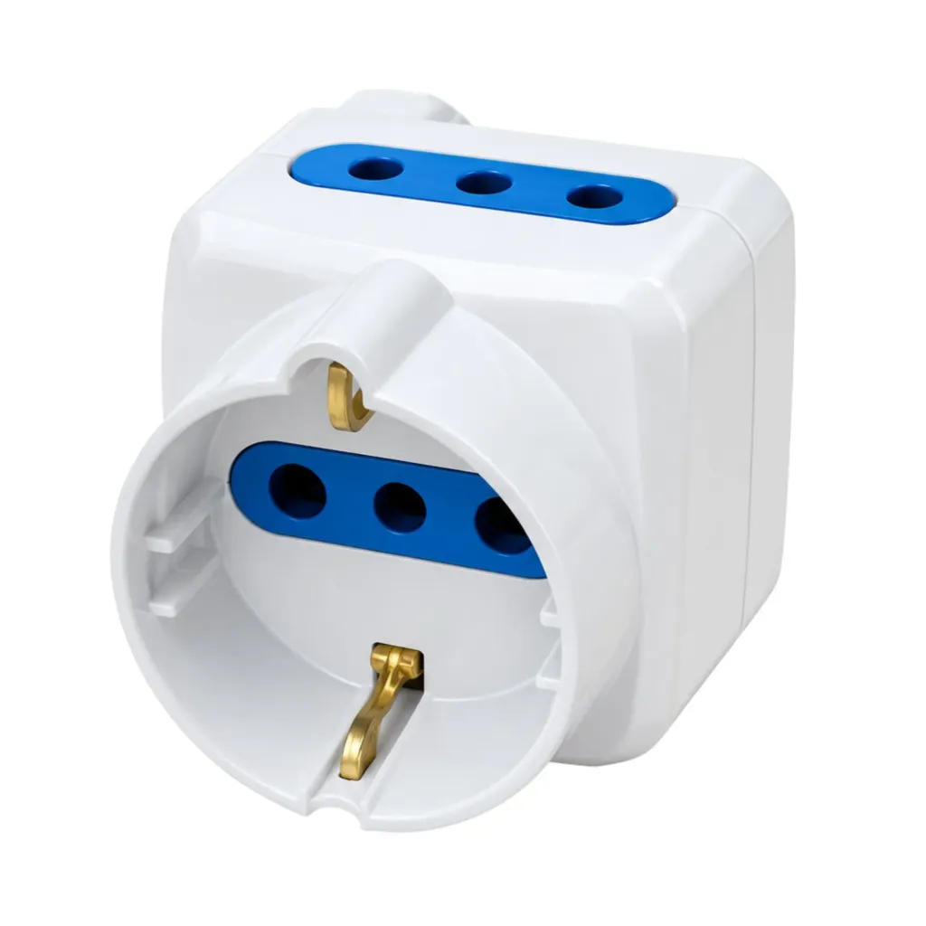 Adattatore Tripla Spina Elettrica Angolare 10A con 2 Prese Bipasso 10A/16A e 1 Presa Schuko 16A Laterale Salvaspazio