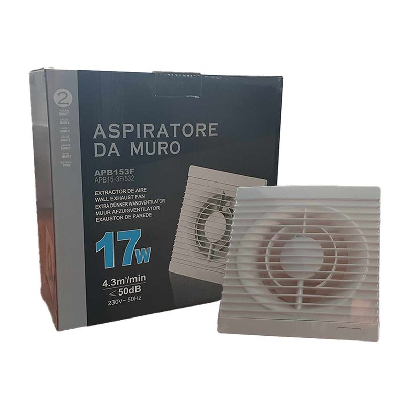 Ventola Aspirazione 17W 258m3/h 50dB, Aspiratore da Muro per Bagno Cucina 230V 50Hz, Estrattore d'Aria 24x24x9,5cm, Diametro Scarico 15cm