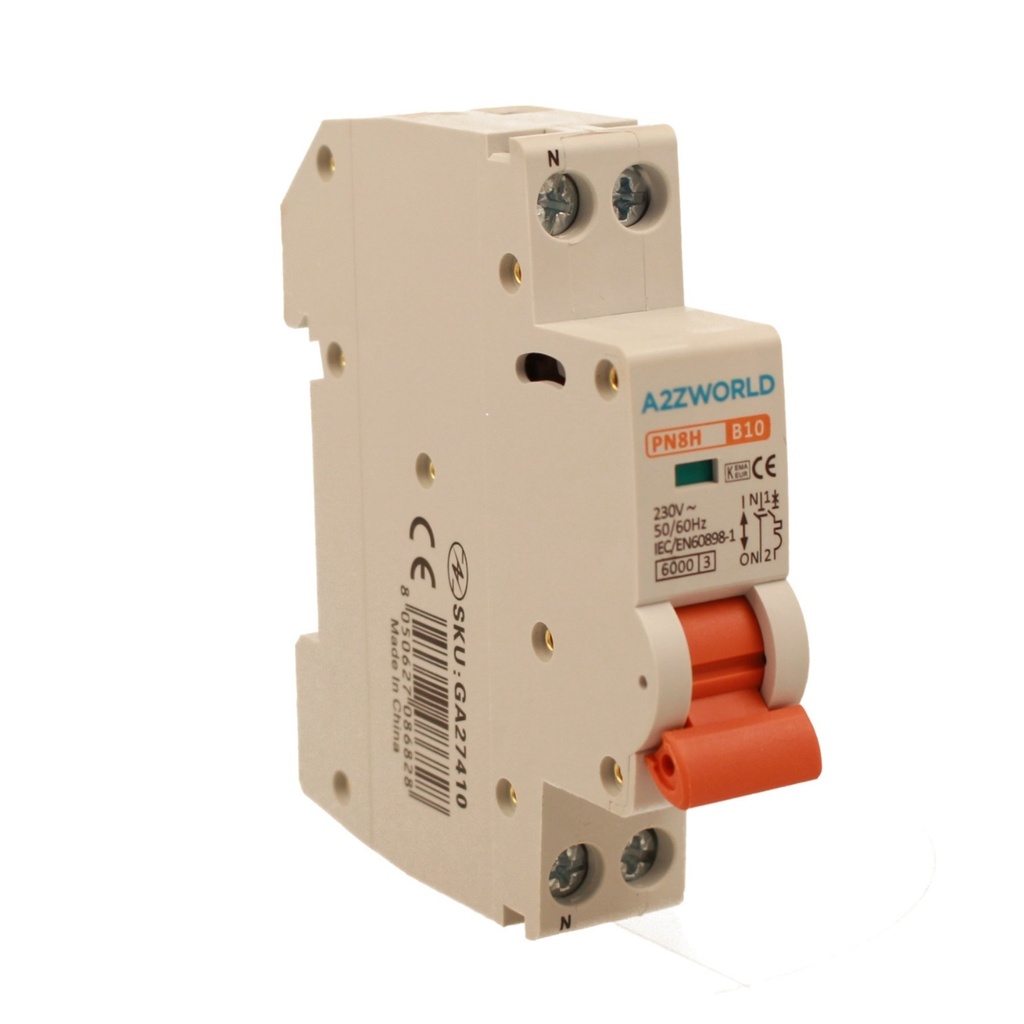 A2ZWORLD MCB Interruttore Magnetotermico Automatico Curva B 1P+N 1M 6000A B10A AC 230V IP20 IEC60898-1 PN8H