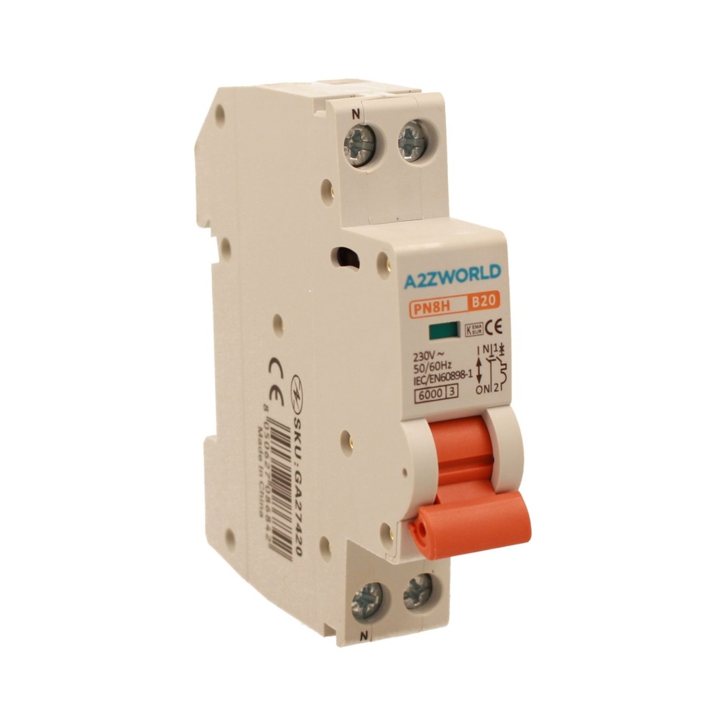 MCB Interruttore Magnetotermico Automatico Curva B 1P+N 1M 6000A B20A AC 230V IP20 IEC60898-1 PN8H