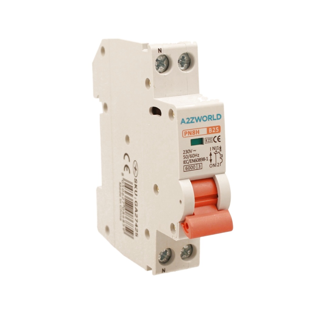 MCB Interruttore Magnetotermico Automatico Curva B 1P+N 1M 6000A B25A AC 230V IP20 PN8H