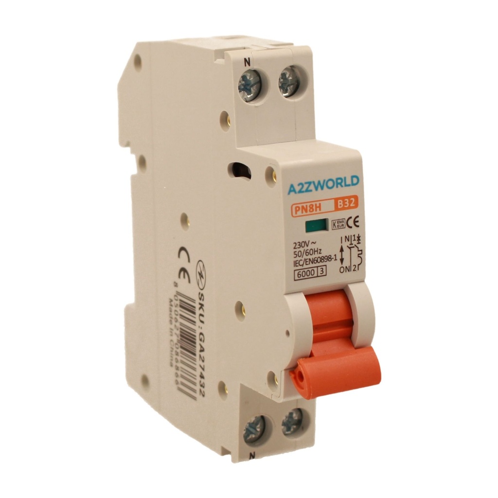 MCB Interruttore Magnetotermico Automatico Curva B 1P+N 1M 6000A B32A AC 230V IP20 IEC60898-1 PN8H