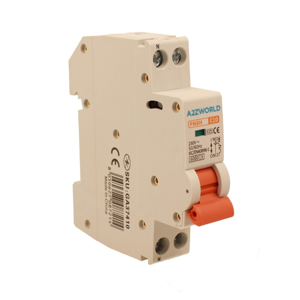 A2ZWORLD MCB Interruttore Magnetotermico Automatico Curva C 1P+N 1M 6000A C10A AC 230V IP20 IEC60898-1 PN8H