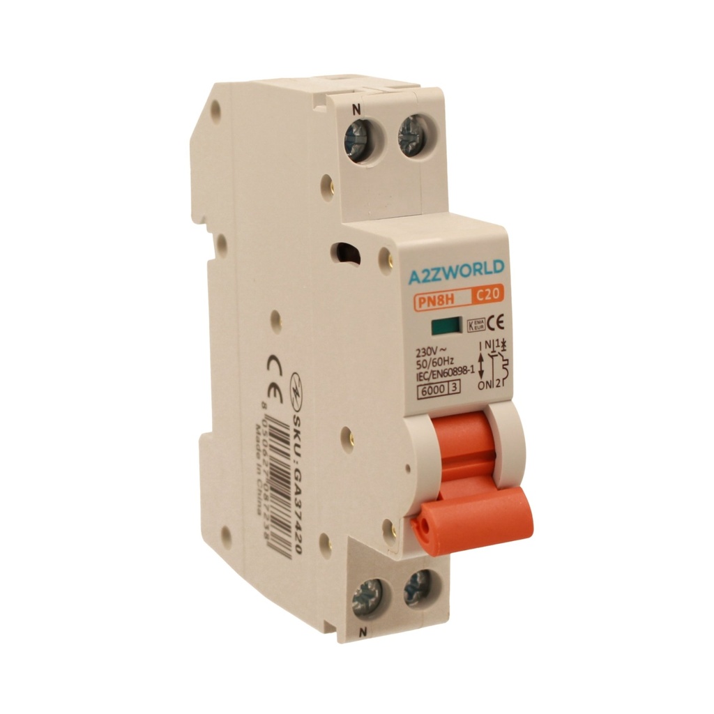 A2ZWORLD MCB Interruttore Magnetotermico Automatico Curva C 1P+N 1M 6000A C20A AC 230V IP20 IEC60898-1 PN8H