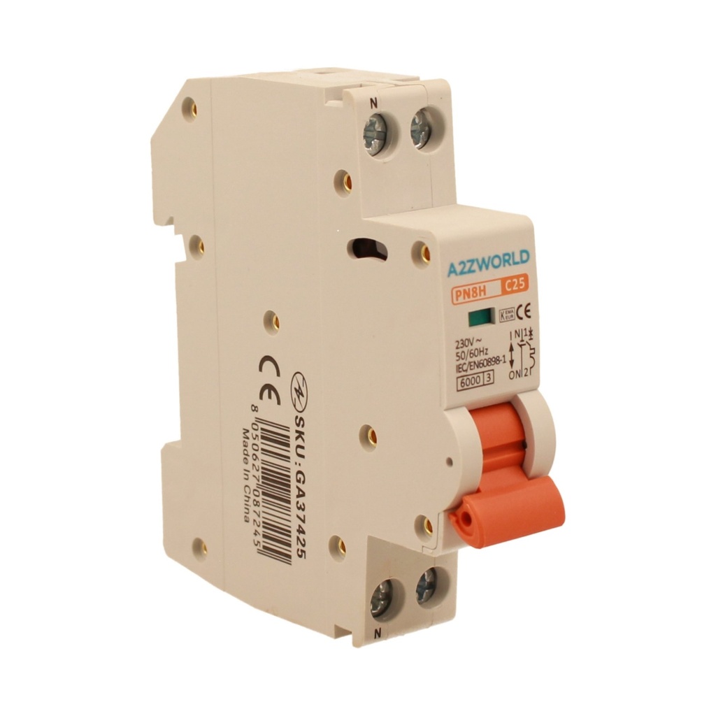 A2ZWORLD MCB Interruttore Magnetotermico Automatico Curva C 1P+N 1M 6000A C25A AC 230V IP20 IEC60898-1 PN8H