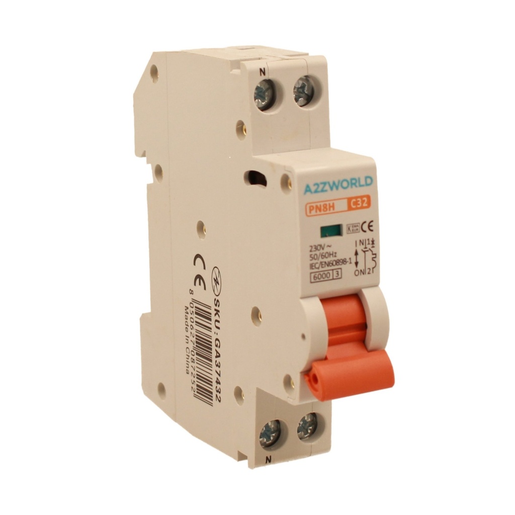 A2ZWORLD MCB Interruttore Magnetotermico Automatico Curva C 1P+N 1M 6000A C32A AC 230V IP20 IEC60898-1 PN8H