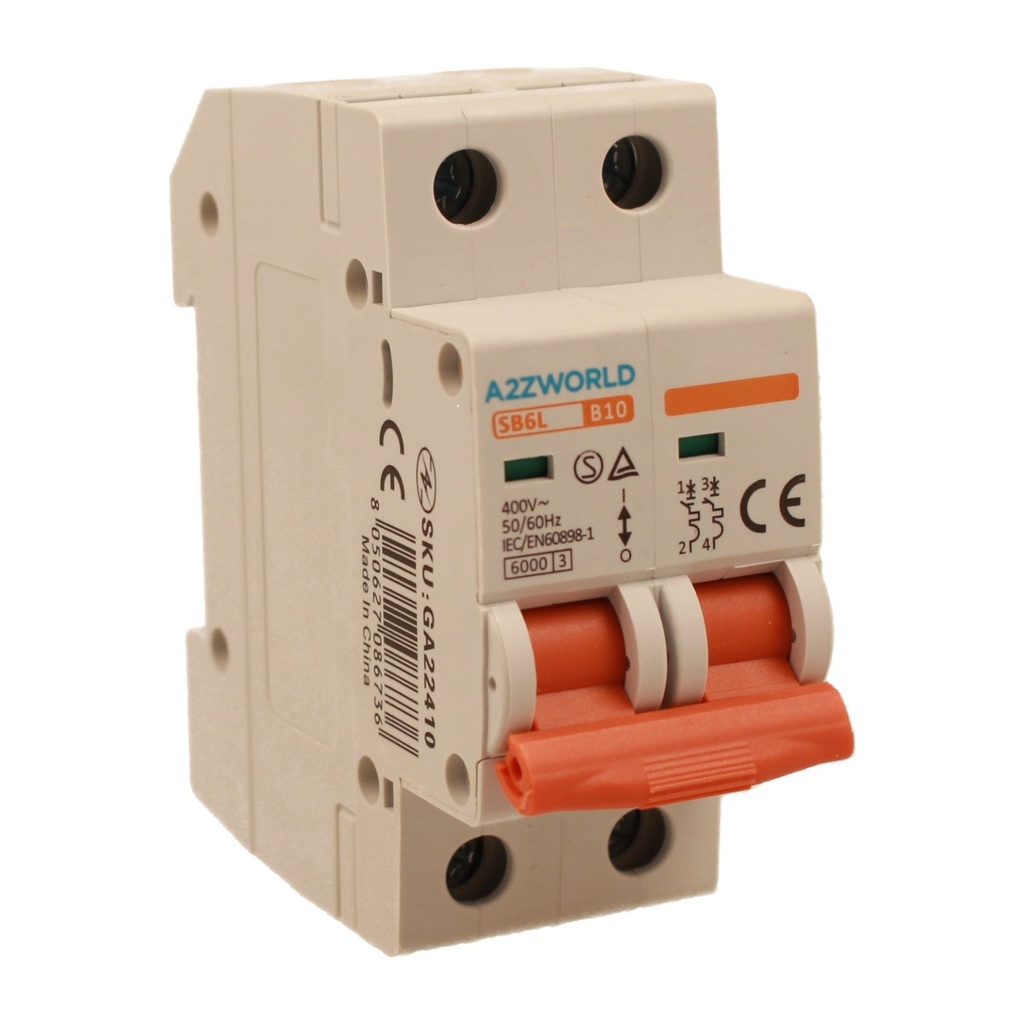 A2ZWORLD MCB Interruttore Magnetotermico Automatico Curva B 2P 2M 6000A B10A AC 400V IP20 IEC60898-1 SB6L