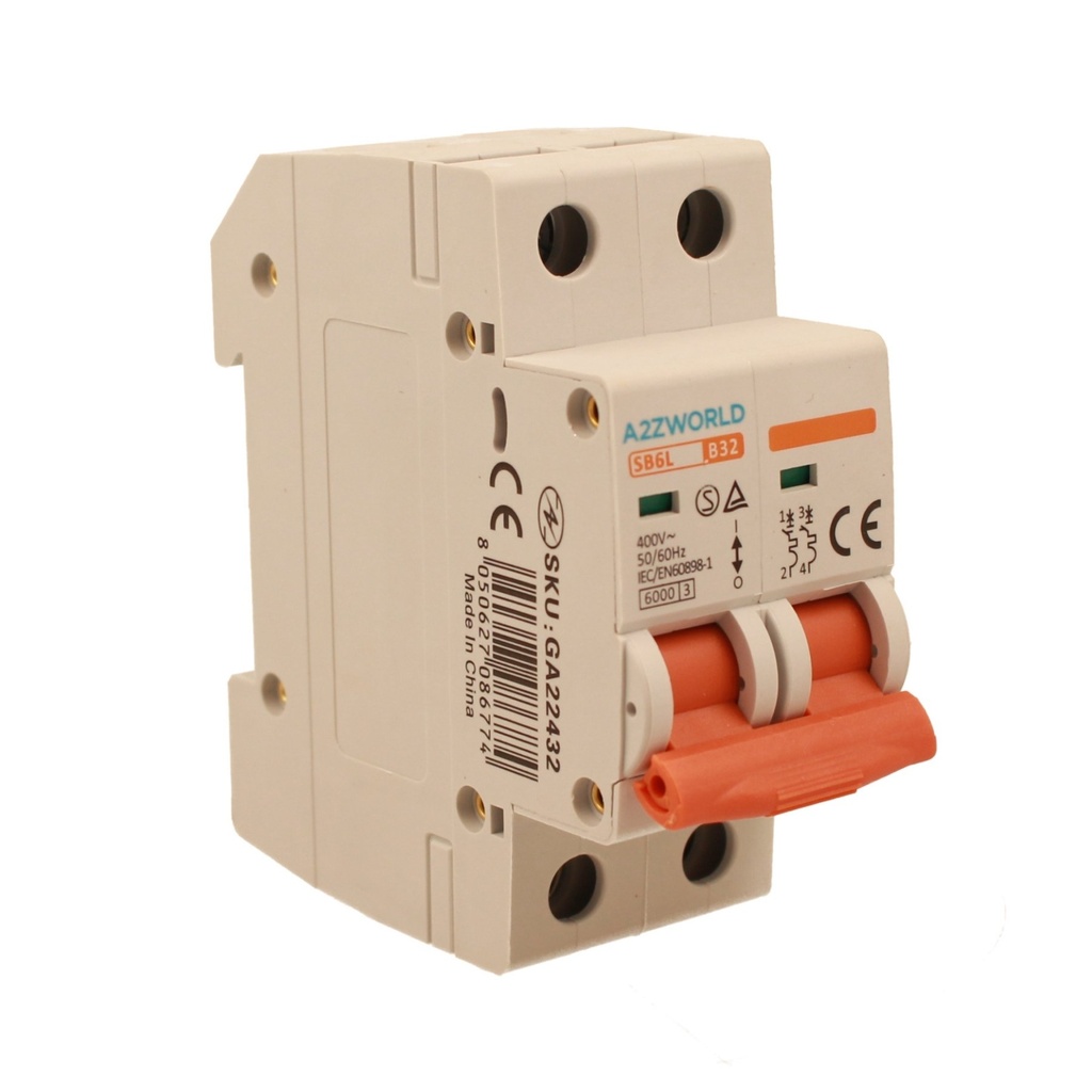 A2ZWORLD MCB Interruttore Magnetotermico Automatico Curva B 2P 2M 6000A B32A AC 400V IP20 IEC60898-1 SB6L