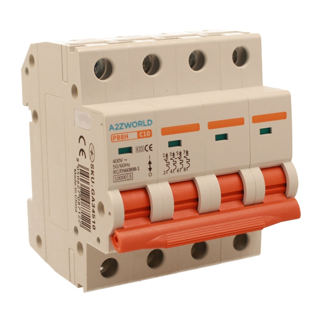 A2ZWORLD MCB Interruttore Magnetotermico Automatico Curva C 4P 4M 10000A C10A AC 400V IP20 IEC60898-1 PB8H