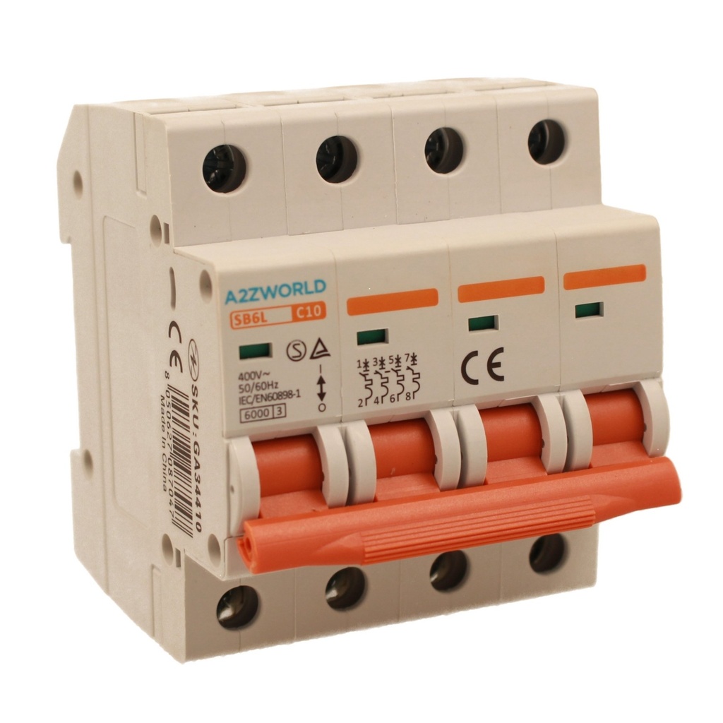 A2ZWORLD MCB Interruttore Magnetotermico Automatico Curva C 4P 4M 6000A C10A AC 400V IP20 IEC60898-1 SB6L