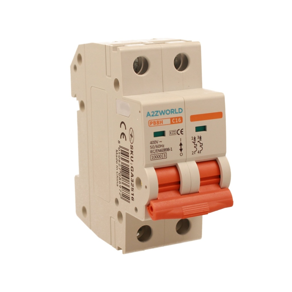 A2ZWORLD MCB Interruttore Magnetotermico Automatico Curva C 2P 2M 10000A C16A AC 400V IP20 IEC60898-1 PB8H