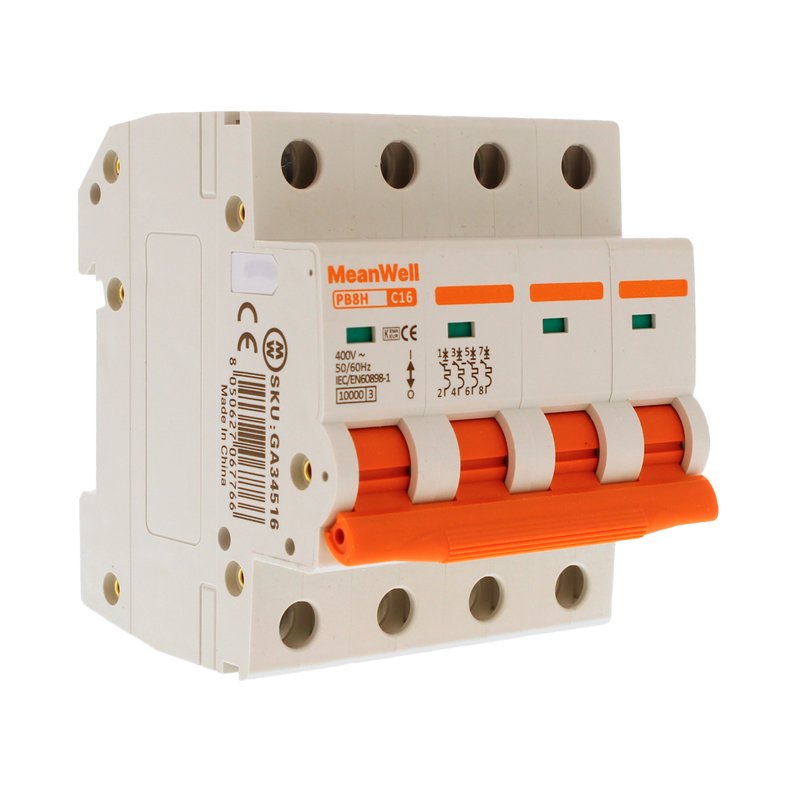 MeanWell MCB Interruttore Magnetotermico Automatico Curva C 4P 4M 10000A C16A AC 400V IP20 IEC60898-1 PB8H