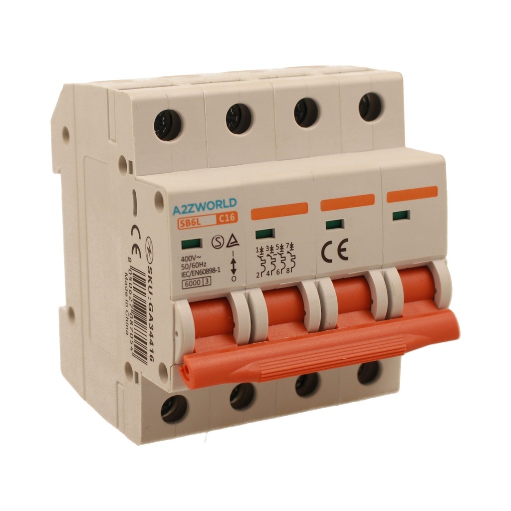 A2ZWORLD MCB Interruttore Magnetotermico Automatico Curva C 4P 4M 6000A C16A AC 400V IP20 IEC60898-1 SB6L