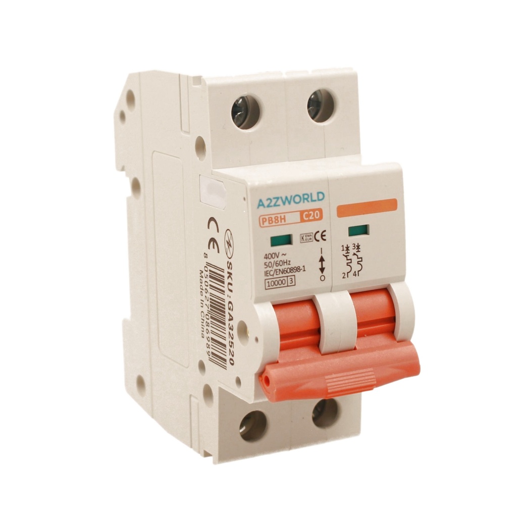 MCB Interruttore Magnetotermico Automatico Curva C 2P 2M 10000A C20A AC 400V IP20 PB8H
