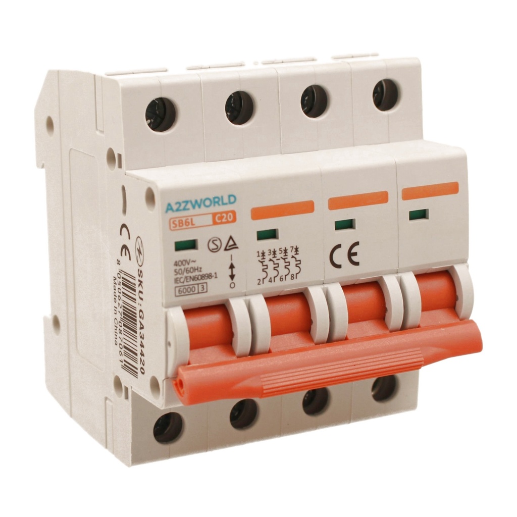MCB Interruttore Magnetotermico Trifase 380V 20A Curva C 4P 4M 6000A C20A AC 400V IP20 SB6L