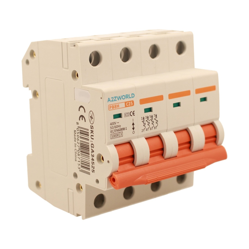 A2ZWORLD MCB Interruttore Magnetotermico Automatico Curva C 4P 4M 10000A C25A AC 400V IP20 IEC60898-1 PB8H