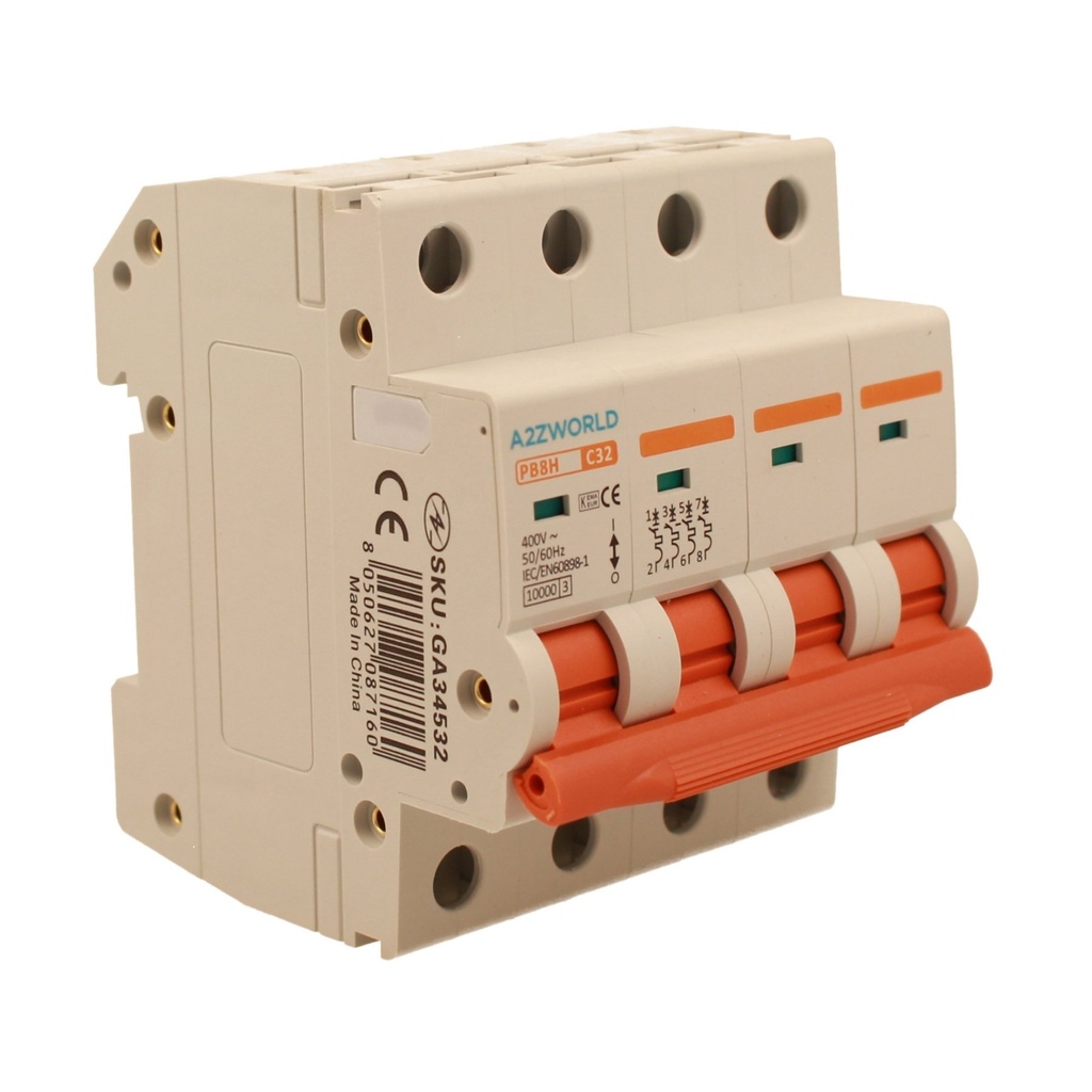 A2ZWORLD MCB Interruttore Magnetotermico Automatico Curva C 4P 4M 10000A C32A AC 400V IP20 IEC60898-1 PB8H