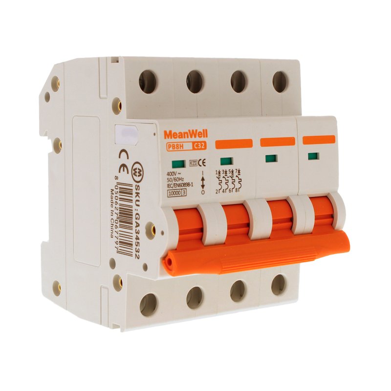 MeanWell MCB Interruttore Magnetotermico Automatico Curva C 4P 4M 10000A C32A AC 400V IP20 IEC60898-1 PB8H