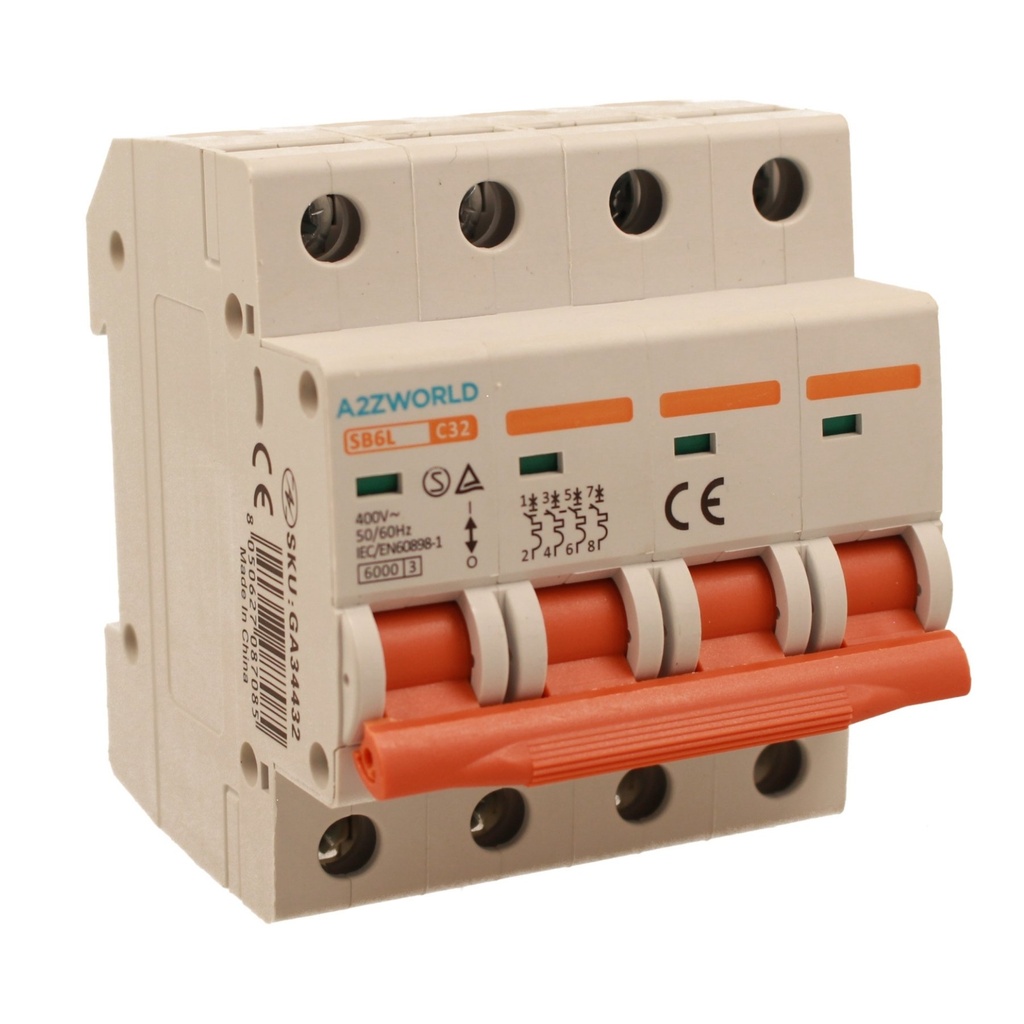 A2ZWORLD MCB Interruttore Magnetotermico Automatico Curva C 4P 4M 6000A C32A AC 400V IP20 IEC60898-1 SB6L