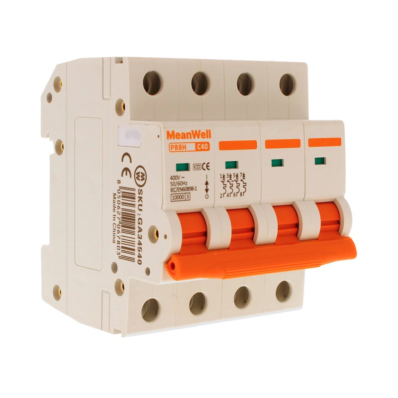 MeanWell MCB Interruttore Magnetotermico Automatico Curva C 4P 4M 10000A C40A AC 400V IP20 IEC60898-1 PB8H