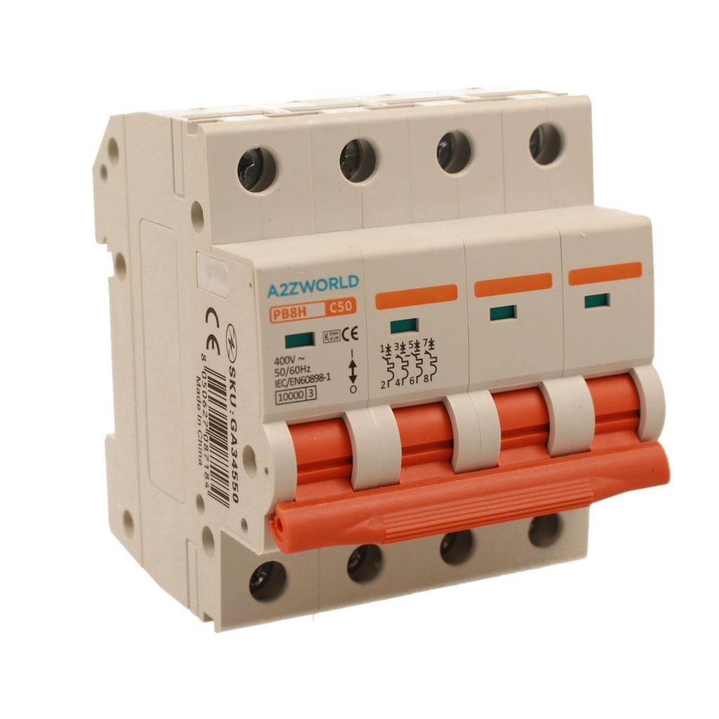 A2ZWORLD MCB Interruttore Magnetotermico Automatico Curva C 4P 4M 10000A C50A AC 400V IP20 IEC60898-1 PB8H