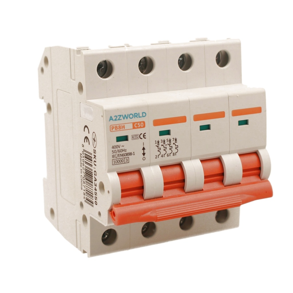 MCB Interruttore Magnetotermico Trifase 380V 50A Curva C 4P 4M 10000A C50A AC 400V IP20 PB8H