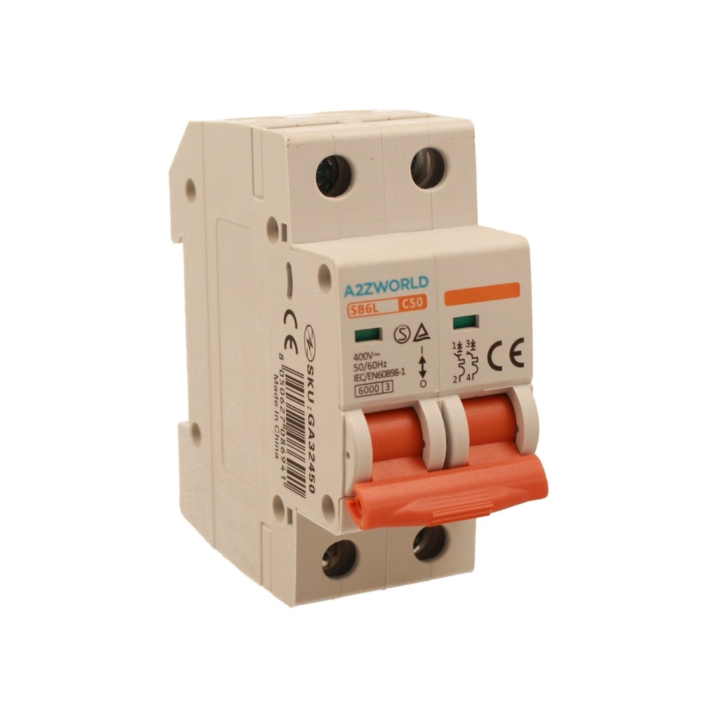 A2ZWORLD MCB Interruttore Magnetotermico Automatico Curva C 2P 2M 6000A C50A AC 400V IP20 IEC60898-1 SB6L