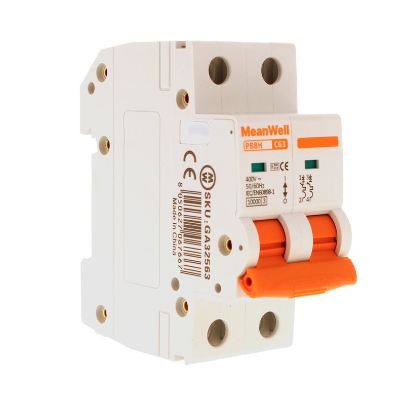 MeanWell MCB Interruttore Magnetotermico Automatico Curva C 2P 2M 10000A C63A AC 400V IP20 IEC60898-1 PB8H