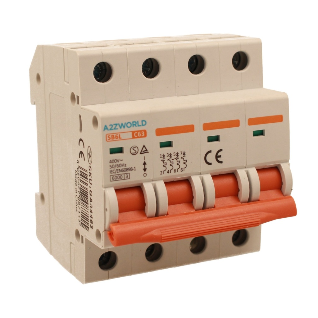 A2ZWORLD MCB Interruttore Magnetotermico Automatico Curva C 4P 4M 6000A C63A AC 400V IP20 IEC60898-1 SB6L