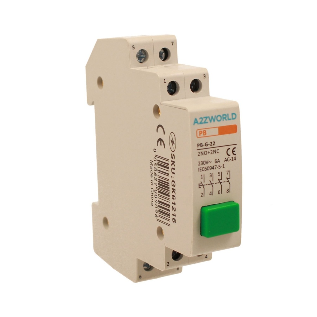 Pulsante Modulare Con Spia Luce Led Verde 1M 2NO+2NC 6A AC 230V IP20 IEC60947-5-1 PB
