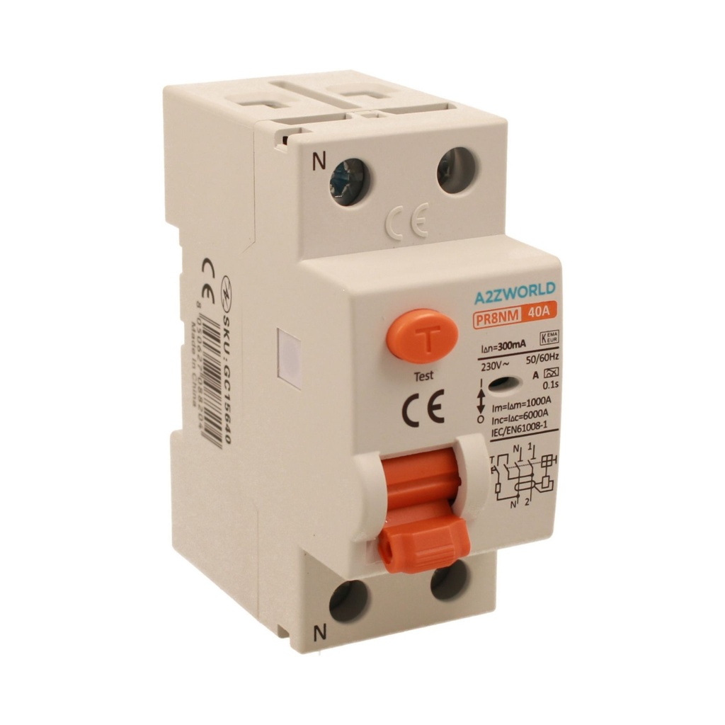 RCCB Interruttore Differenziale Puro Tipo A 1P+N 2M 6000A 300mA 40A AC 230V IP20 IEC61008-1 PR8NM GC75640