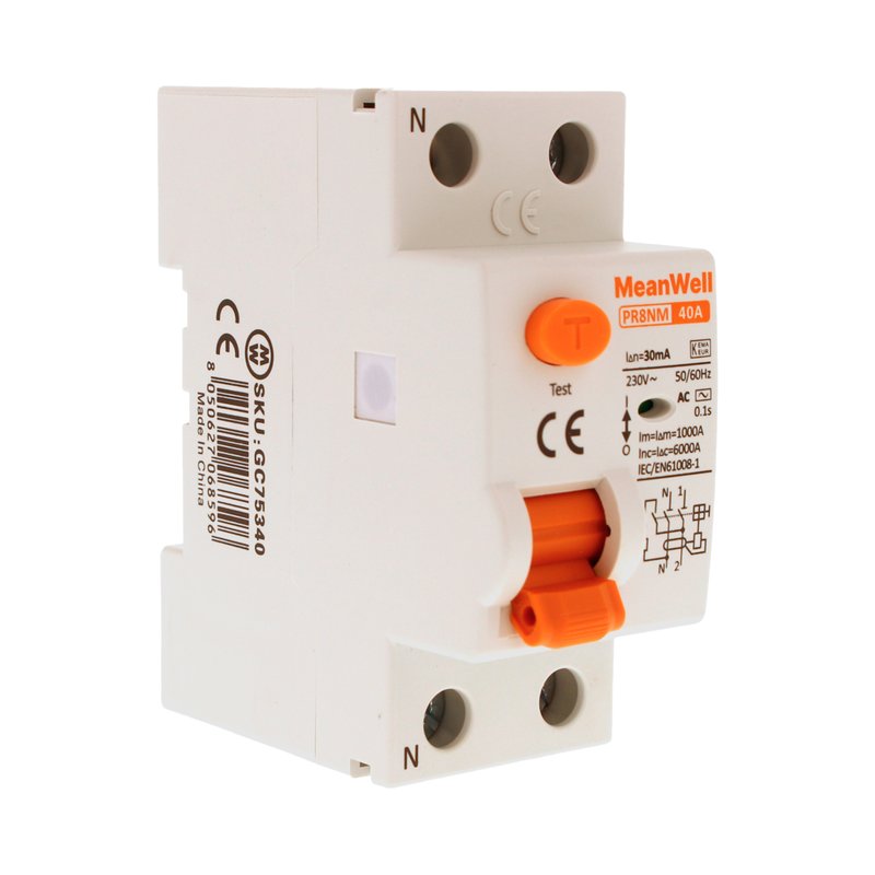 MeanWell RCCB Interruttore Differenziale Puro Tipo AC 1P+N 2M 6000A 30mA 40A AC 230V IP20 IEC61008-1 PR8NM