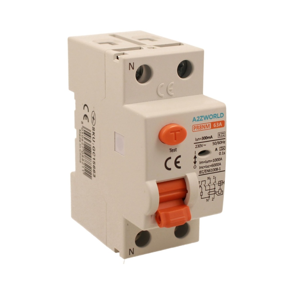 RCCB Interruttore Differenziale Puro Tipo A 1P+N 2M 6000A 300mA 63A AC 230V IP20 IEC61008-1 PR8NM GC75663