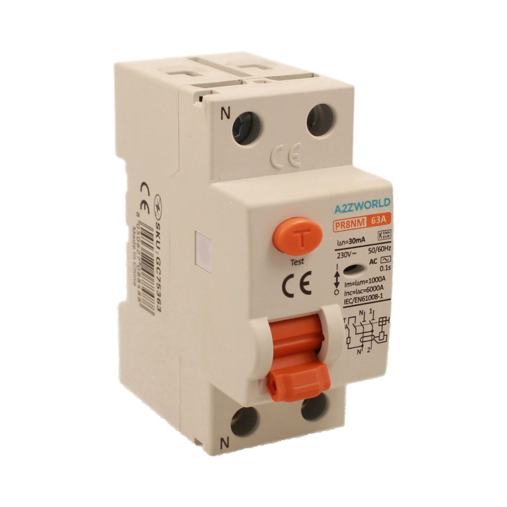 RCCB Interruttore Differenziale Puro Tipo AC 1P+N 2M 6000A 30mA 63A AC 230V IP20 IEC61008-1 PR8NM
