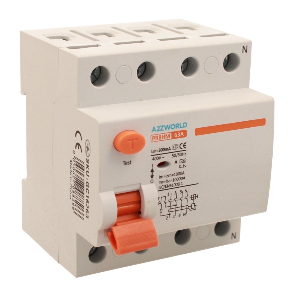 RCCB Interruttore Differenziale Puro Tipo A 3P+N 4M 10000A 300mA 63A AC 400V IP20 IEC61008-1 PR8HM GC76263