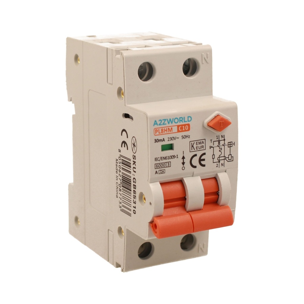 RCBO Doppia Leva, Interruttore Magnetotermico Differenziale Tipo A Curva C 1P+N 2M 6000A 30mA C10A AC 230V IP20 IEC61009-1 PL8HM